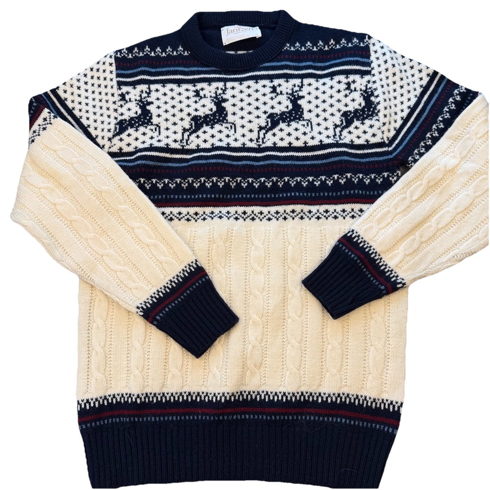 Jantzen Reindeer Snowflake Long Sleeve‎ Sweater Crew Neck Men's Sz M Vintage USA